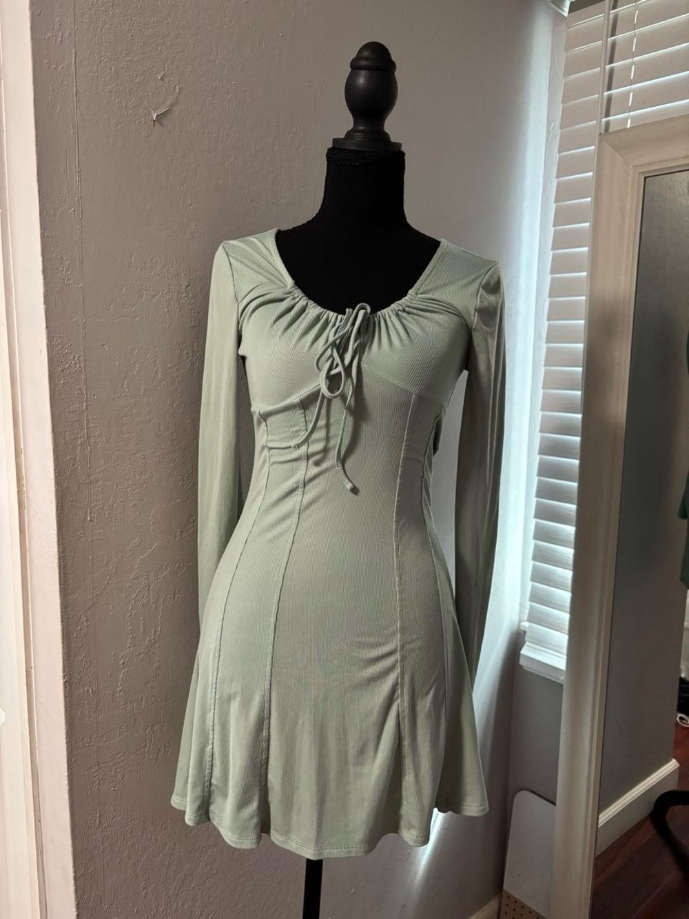 Light Sage Long Sleeve Fit-and-Flare Dress with Tie Neck